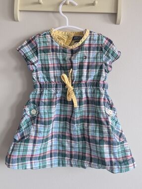 Tommy Hilfiger Plaid Cotton Kids Dress in Green and Yellow
